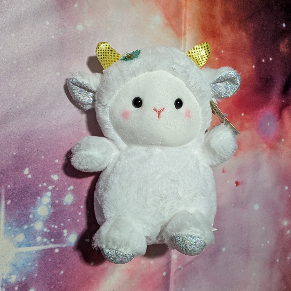 Adorable White Plush Sheep with Gold Horns